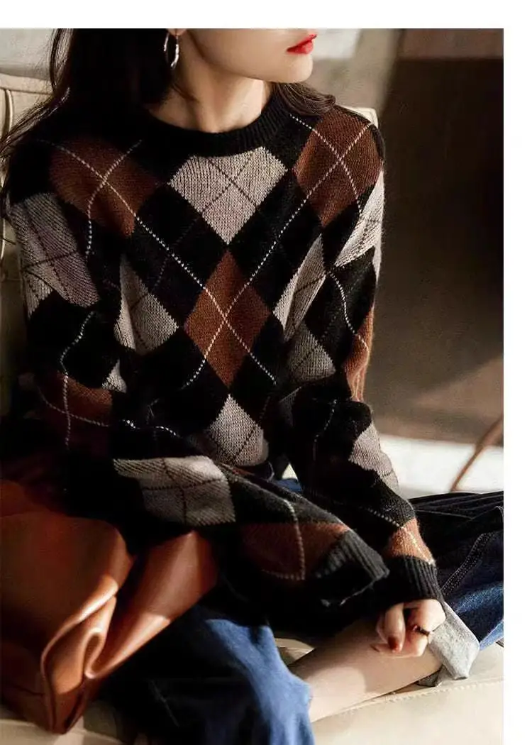 Otoño Invierno cuello redondo enrejado prismático Vintage suéter señoras suelto Casual todo-fósforo pulóver jerseys mujeres Top de fondo