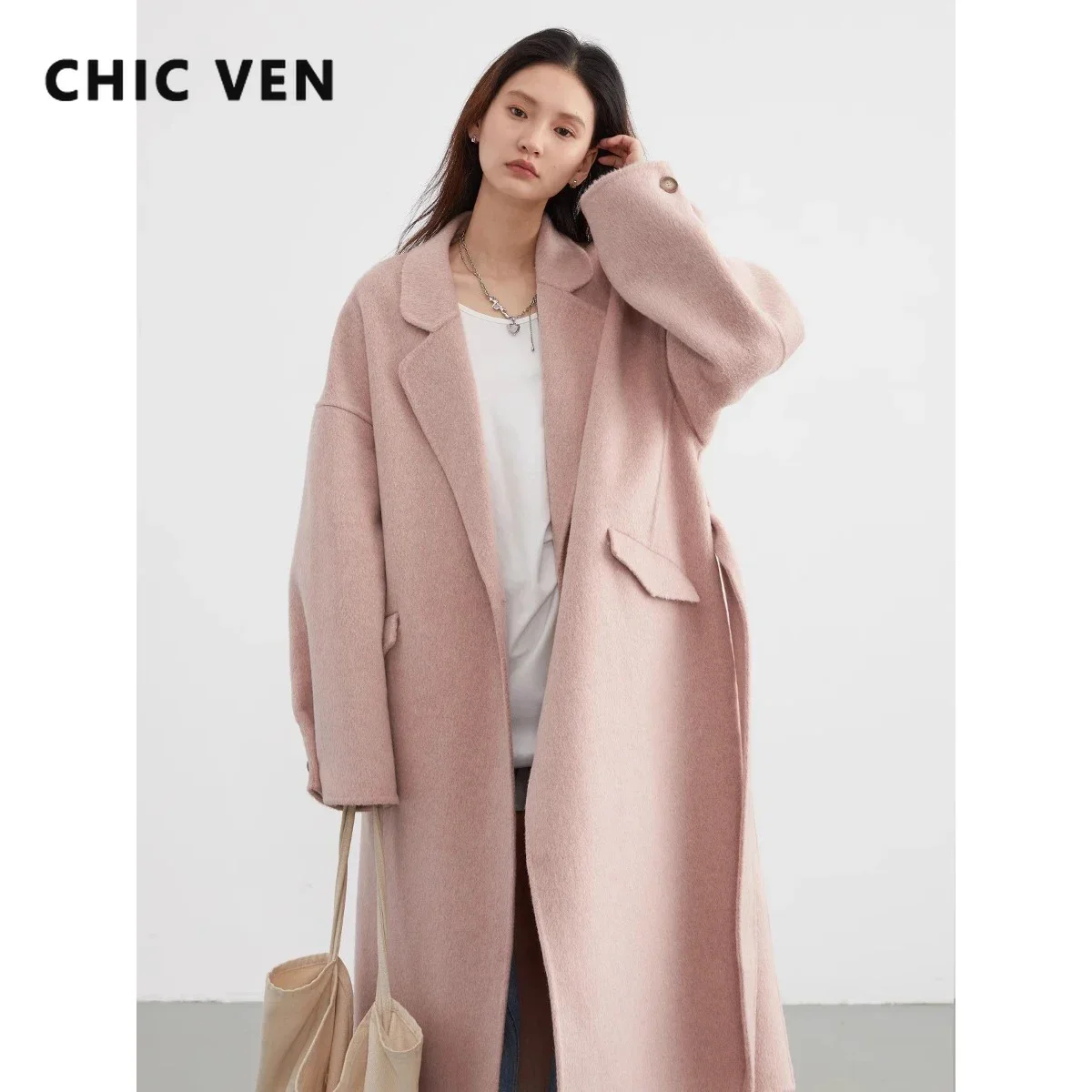 

CHIC VEN Fashion Women Casual Loose Lacing Belt Woolen Overcoat Long Thicken Double-sided Woolen Coat Autumn Winter Outwear 2023