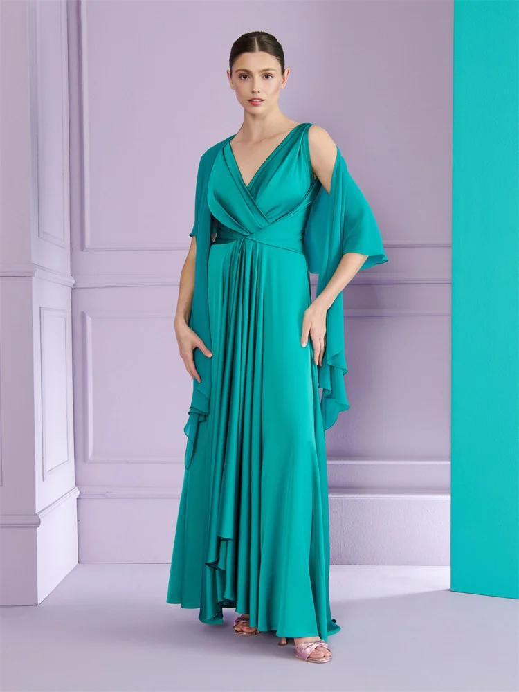 Customized V Neckline With Cloak Sleeveless Jade Green Chiffon A-Line Evening Dress Sexy Back Zipper Floor Length Gown For Women