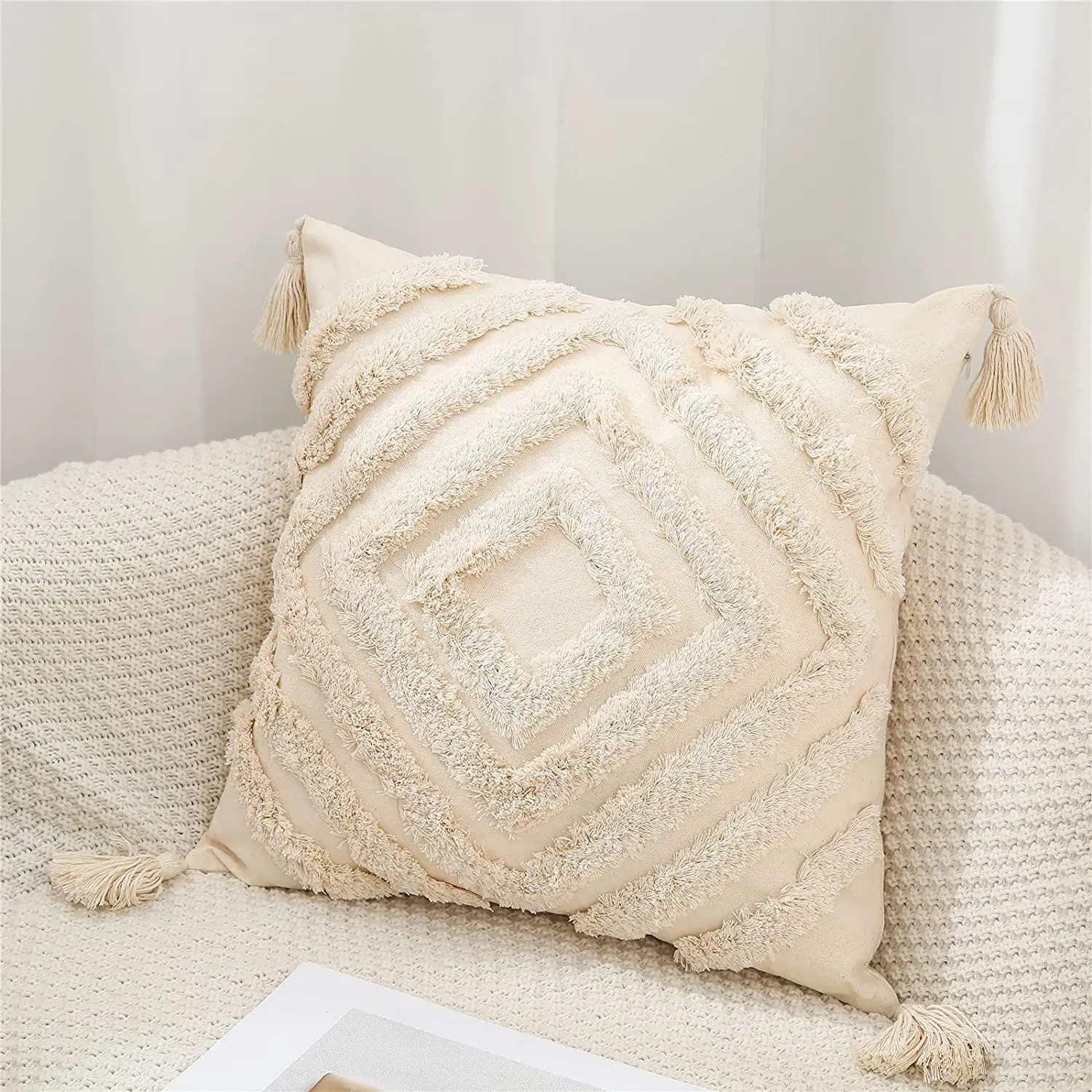 Geometric Tufted Decorative Pillow Cover with Tassel Living Room Sofa Cushion Cover Retro Boho Style 100% Cotton Funda Cojin