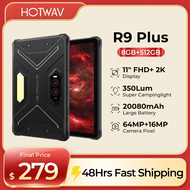 

HOTWAV R9 Plus Rugged Tablet Android 14 11" FHD+ 2K 20080mAh Battery Tablets 16MP+64MP Camera 8GB 512GB Camping light Pad