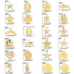 6pcs/Lot Gold Color Marine Animals Turtles Sharks Shells Starfish Conch Pendants Jewelry Making Stainless Steel Accessories Gift