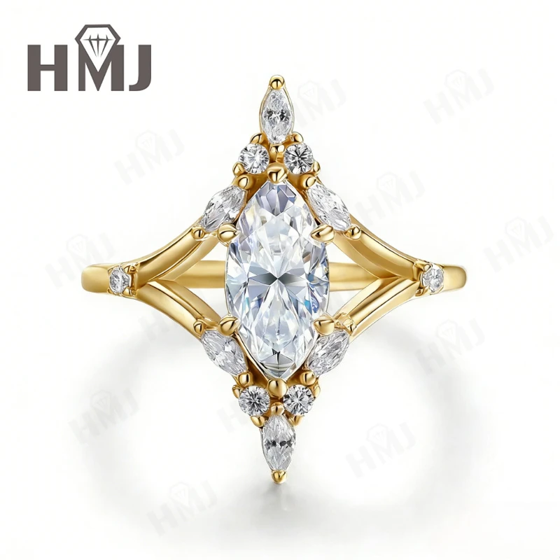 925 Sterling Silber Moissanit Halo-Ring - Marquise-Schliff D-Farbe/Schwarz/Champagner Feiner Schmuck Muttertags-Schmuckgeschenk für Sie – Detail 4