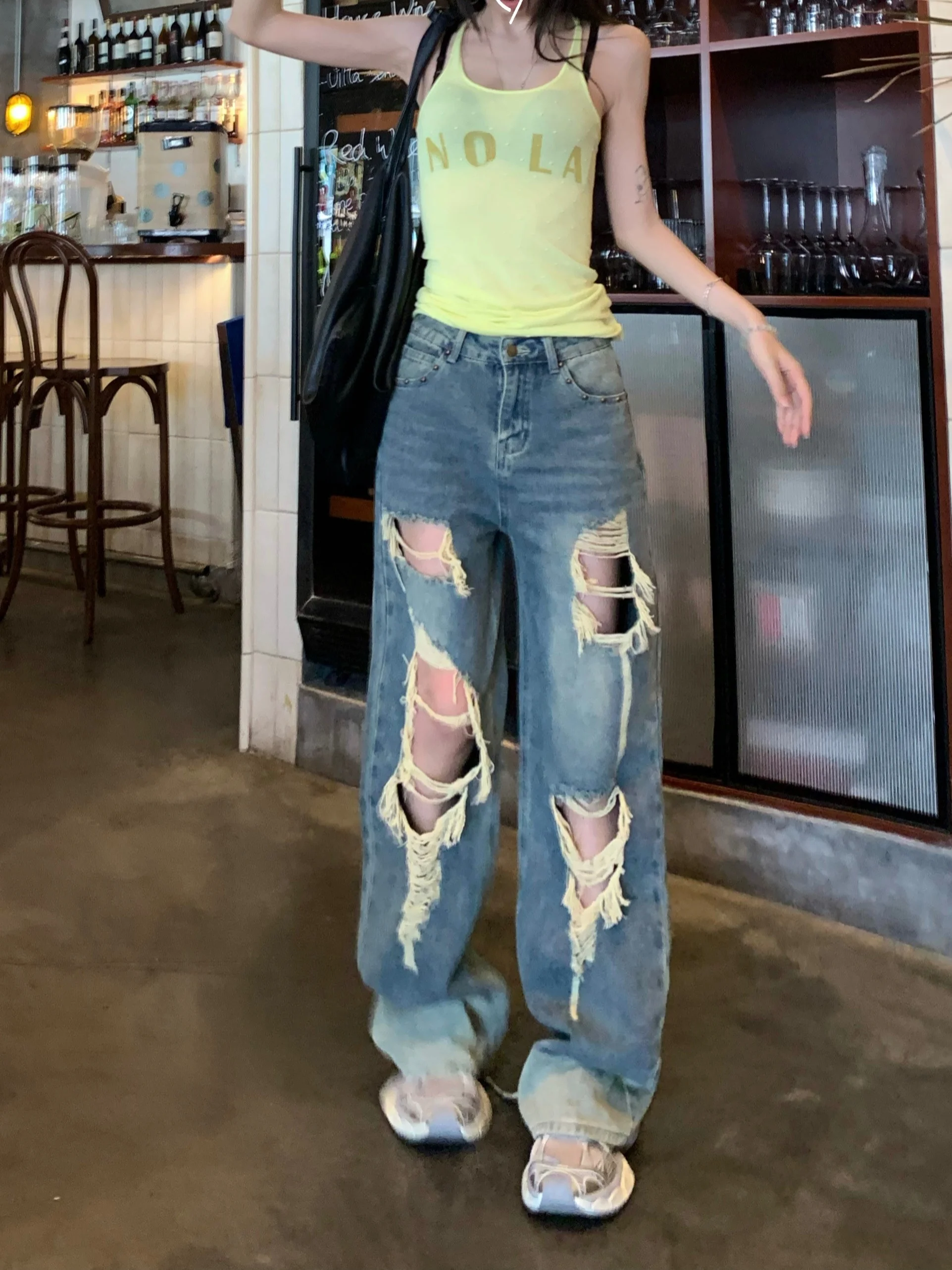 

Retro Washed Blue Jeans Women's High Waist Slim Straight Leg Jeans Summer Distressed Ground Length Pants