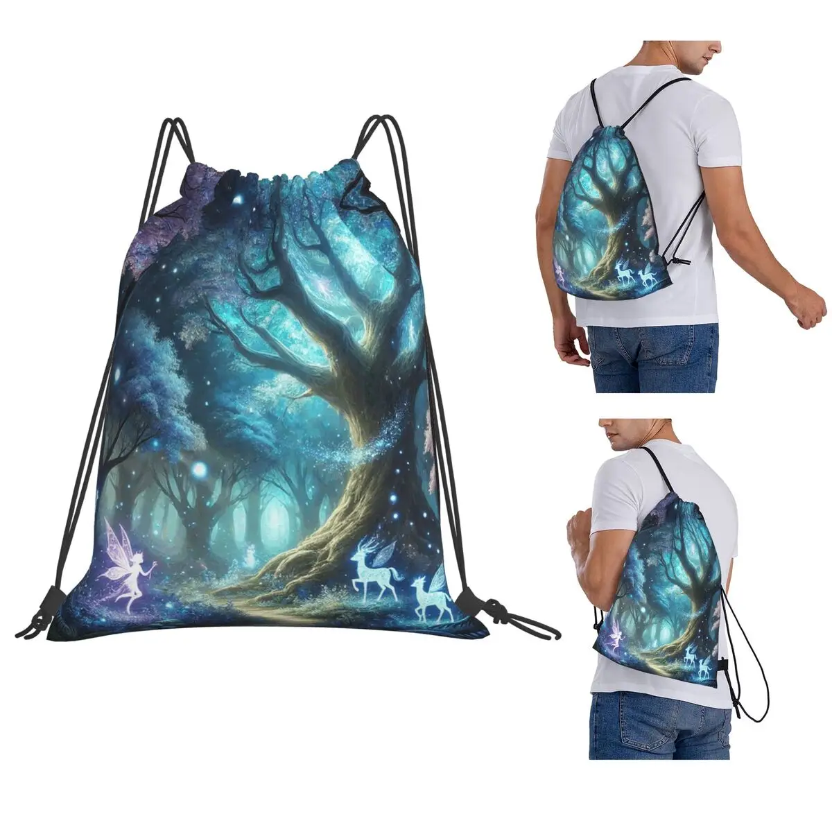 Glowing Enchanted Forest With Fairies And Magical Creatures Backpacks Portable Drawstring Bundle Pocket Storage Bag Book Bags