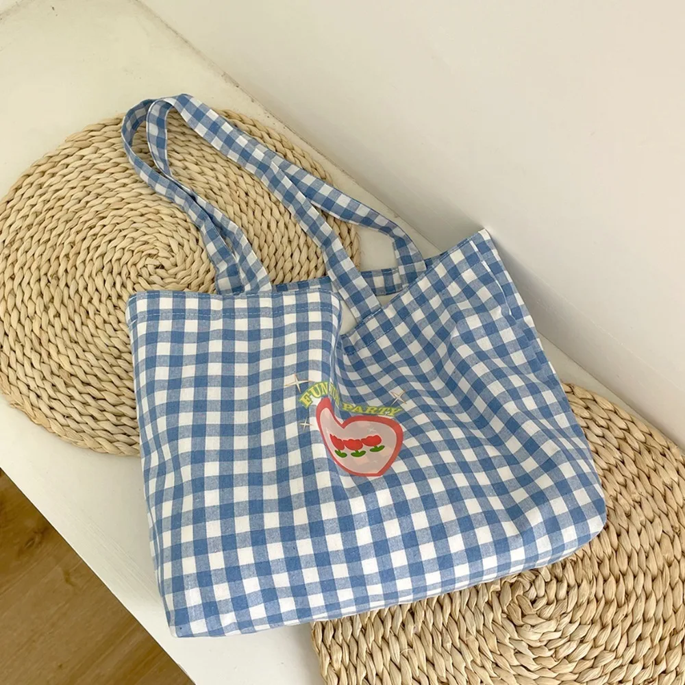 New Fashion Sweet Pink Blue Plaid Tulip Tote Bag Handbag with Phone Pouch Student Large Capacity School Bag Single Shoulder Bag