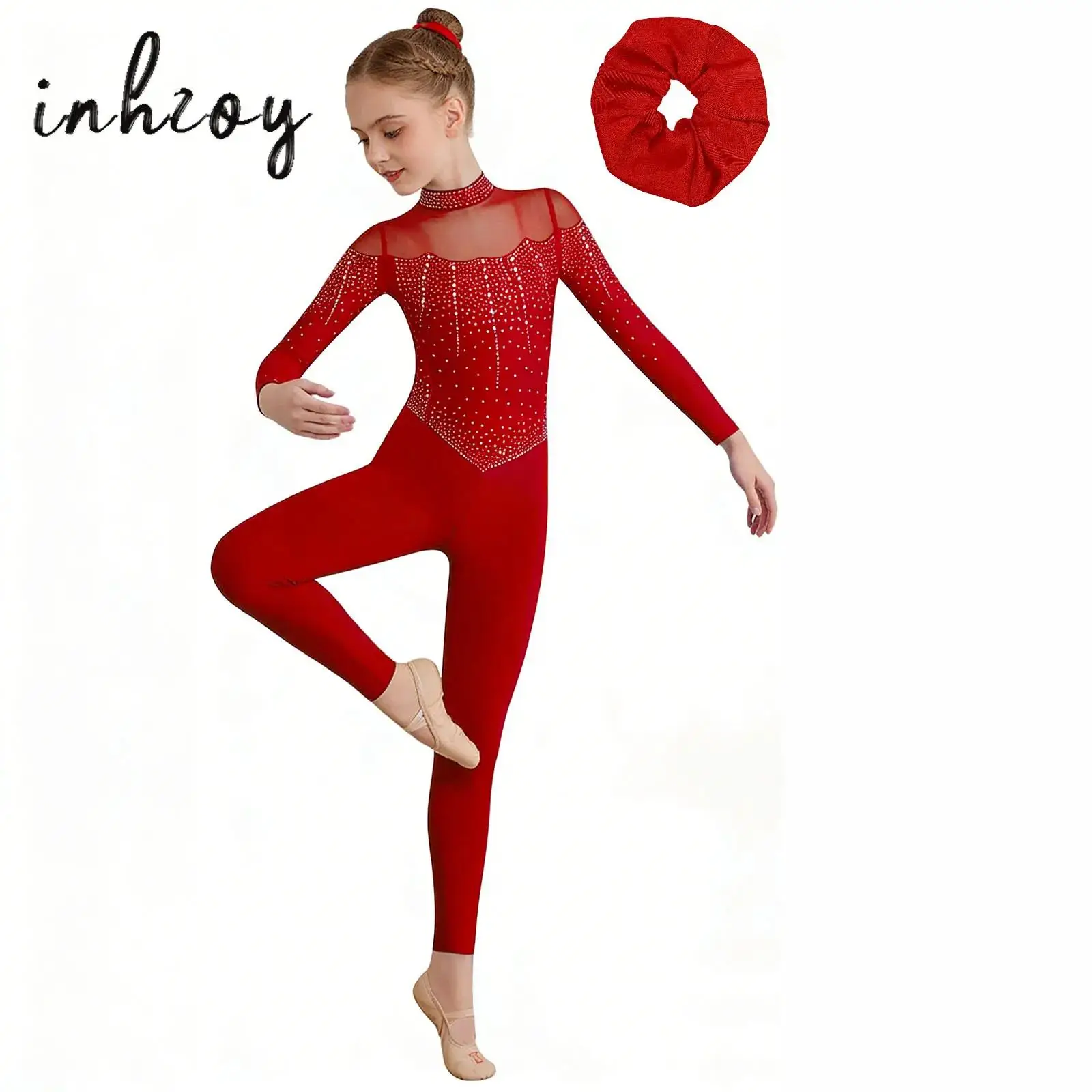 

Kids Girls Gymnastics Ballet Dance Leotard Set Long Sleeve Rhinestone Jumpsuit Workout Yoga Skating Acrobatics Performance Wear