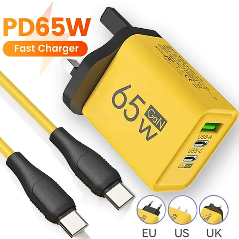 شاحن هاتف محمول GaN-USB PD ، 65 واط ، 3 منافذ ، USB C إلى النوع C ، شحن عالي السرعة ، سلك كابل بيانات ، QC3.0 ، محول حائط للهاتف المحمول