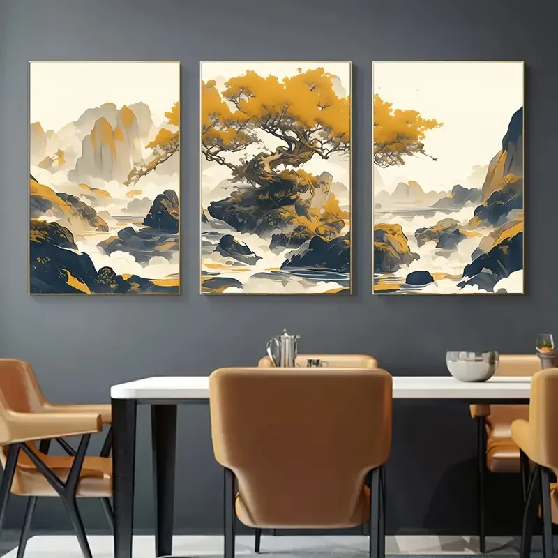 Golden Tree 3pcs Canvas Art Set - Modern Chinese Landscape Prints, Wrapped Canvas Wall Decor For Living Room, Bedroom, Home Offi