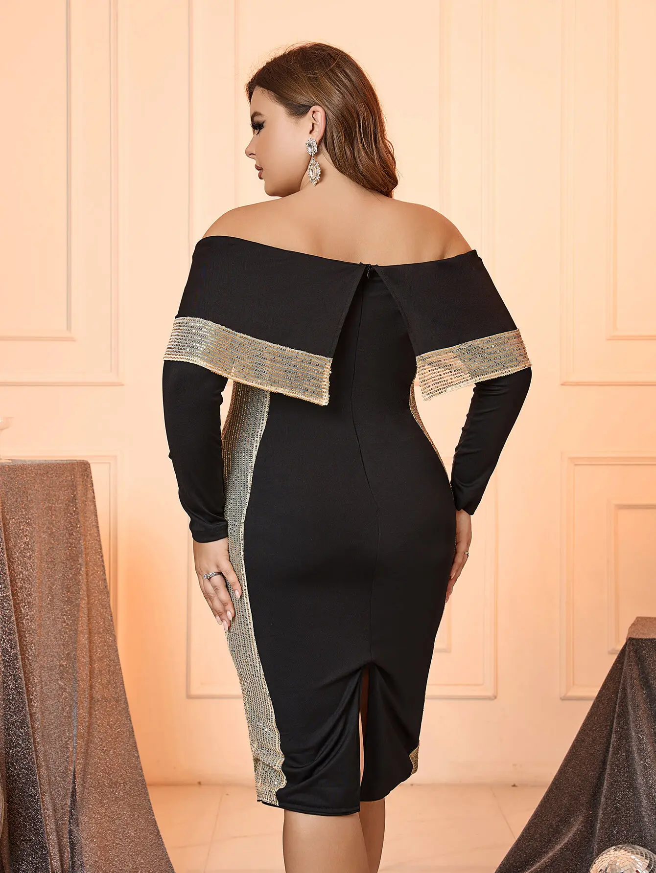 Elegant Plus Size Women Dresses Fashion One Neck Long Sleeve Sequin Splicing Lady Formal Dresses Temperament Casual Large Dress