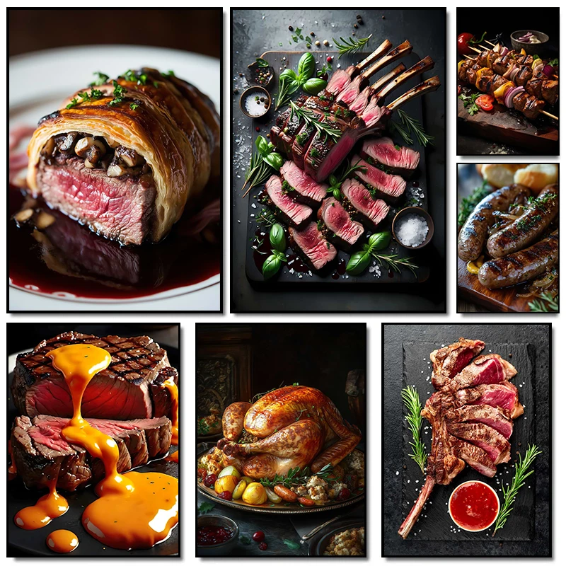 Póster de comida occidental de delicioso, carne de Wellington, pollo asado, pinturas en lienzo, imágenes artísticas de pared, decoración del hogar para restaurante