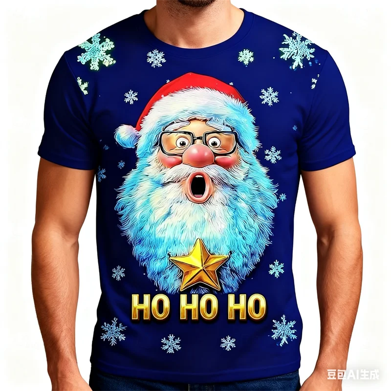 

New Year Party Santa Claus Print Men'sT-shirt Summer Casual O-neck Loose Tops Fashion Christmas Elements Pattern T-shirt For Men
