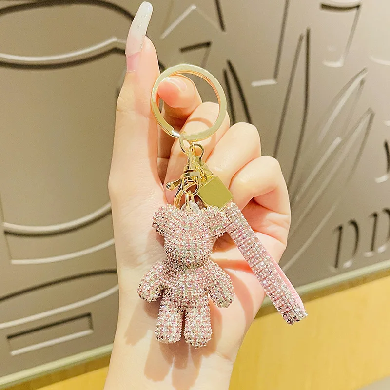 Cute Diamond Violent BEAR  Keychain Bear Pendant For Women Bag Car KeyRing Mobile Phone Fine Jewelry Accessories Kids Girl Gift