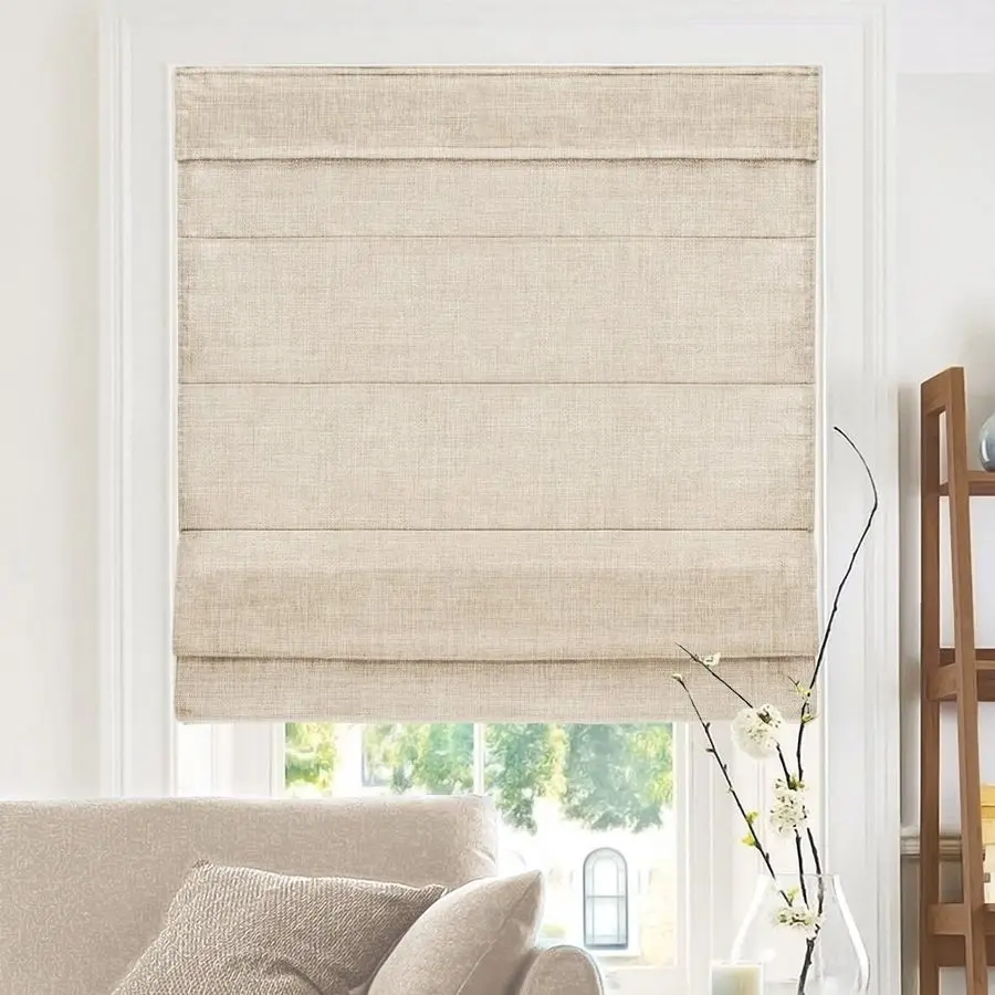 

RMBF2764 Cordless Roman Shades CrossHatched Modern Fabric Cascade Window Blind Treatment, 27W X 64H, Belgian Flax Privacy amp Li