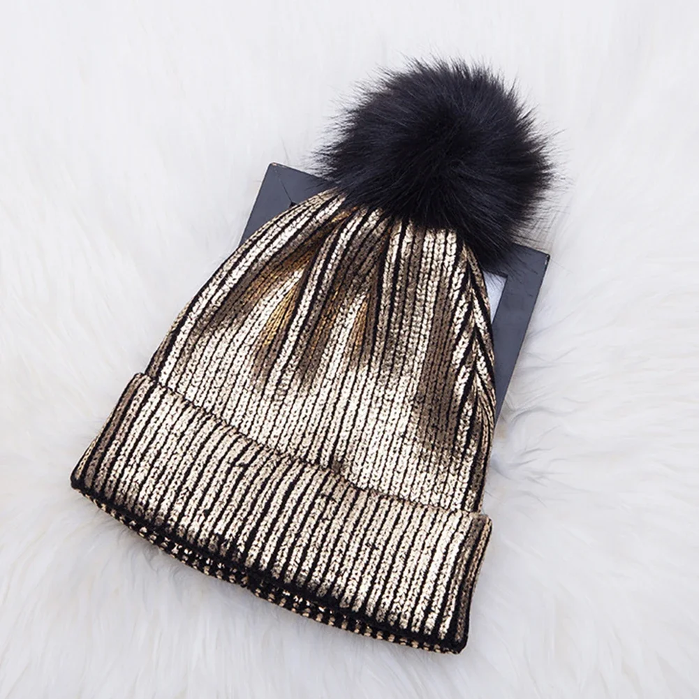 Hair Ball Warm Knitted Metallic Shiny Girl Autumn Winter Soft Crochet Cute Pompom Cap Beanie Windproof Solid Women Hats