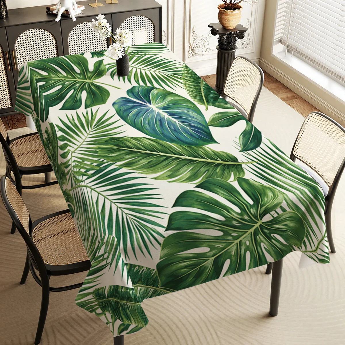 One tropical-themed tablecloth with palm tree pattern, in a modern art style for the dining table