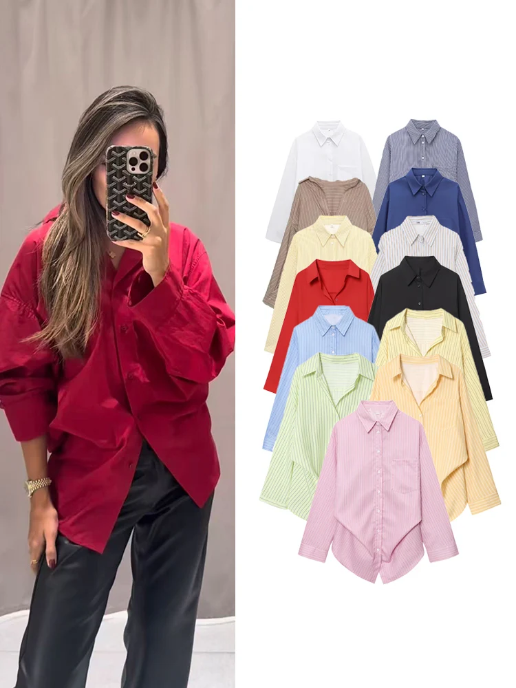 

Women Batwing Long Sleeves Shirt Casual Single Pockets Button-up Front Stripe Blouse Fashion Loose Ladies Street Lapel Shirts