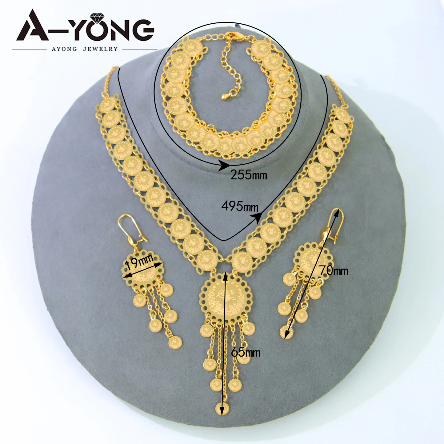 Arabische Hochzeit Gold Schmuckset 21k vergoldet türkische Münzen Anhänger Halskette Dubai Frauen Event Party Vintage Schmuck – Detail 4
