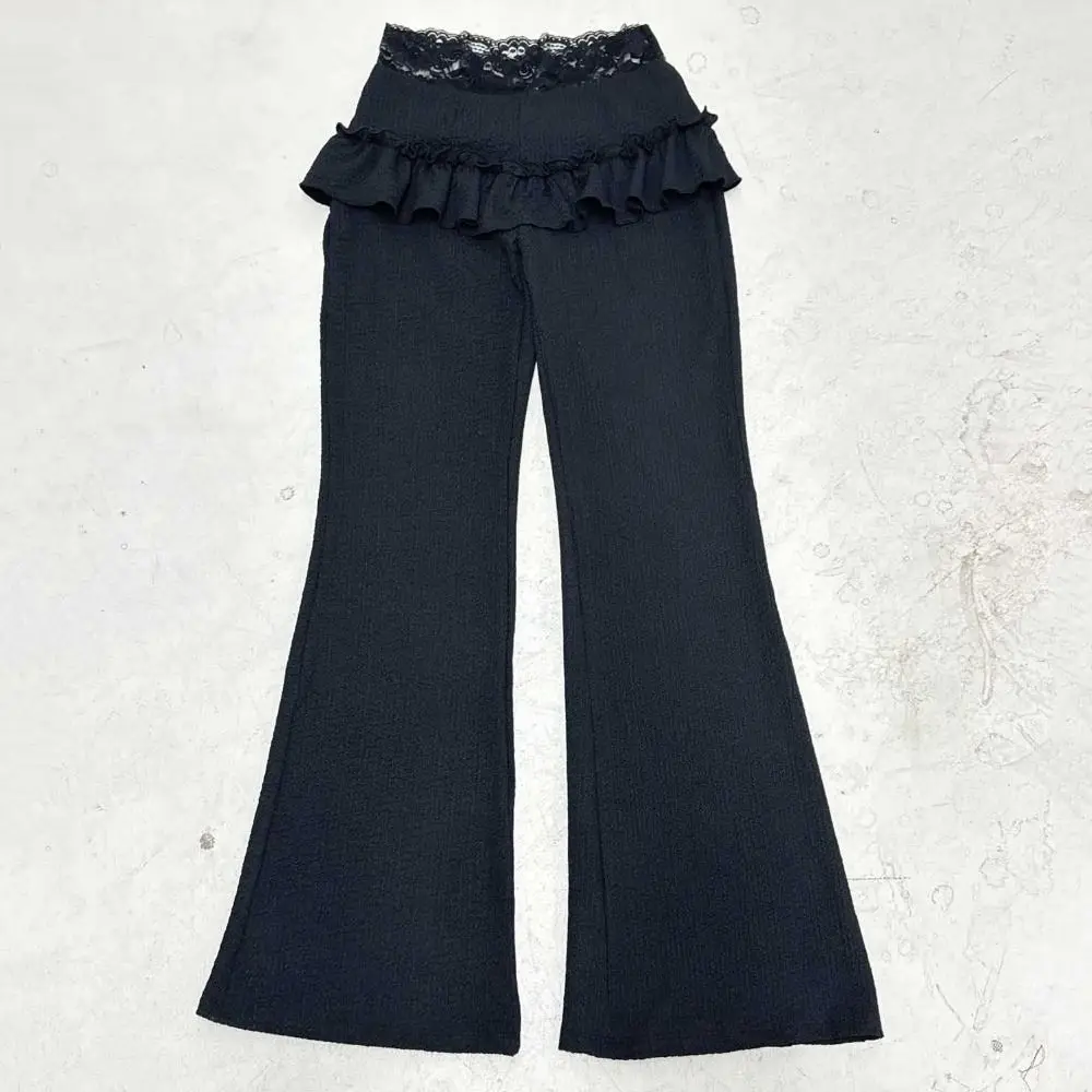 Pantaloni a gamba larga in morbido pizzo chic Pantaloni neri a zampa d'elefante dolce Butt Curtain Pantaloni lunghi dritti a vita bassa da donna