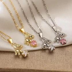 NEWBUY 2024 Fashion Gold/Silver Color Delicate Cute Bear Pendant Necklaces For Women Pink/White CZ Jewelry