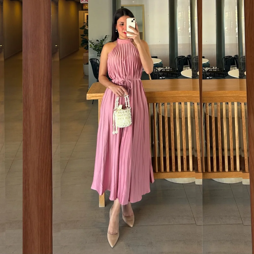 

Modern Style Jersey Pleat A-line Halter Midi Dresses Homecoming Dresses Pastrol Unisex Chinese Style Formal Casual Retro