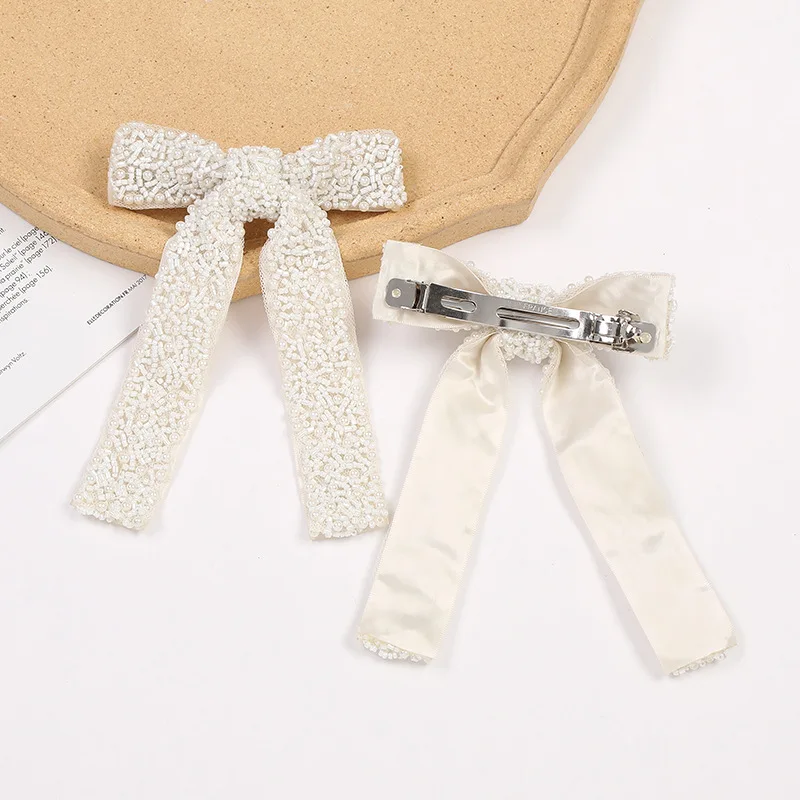 Elegant bow hair clip with seed beads delicate women's hair accessories outdoor casual all-match headwear embellishments