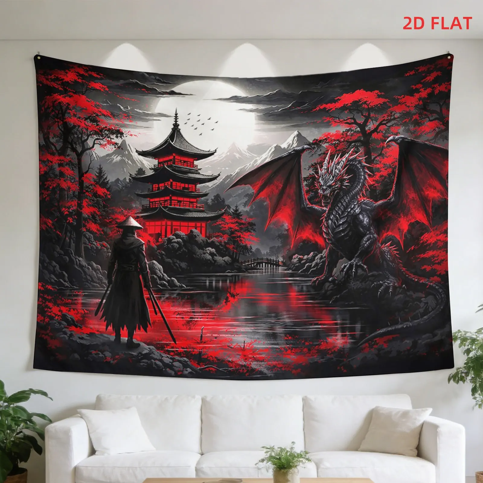 Dramatic Asian Dragon Pagoda Blossoms Tapestry Wall Hanging Oriental Japanese Mural Decor Art Print Anime Style Mythology Gift