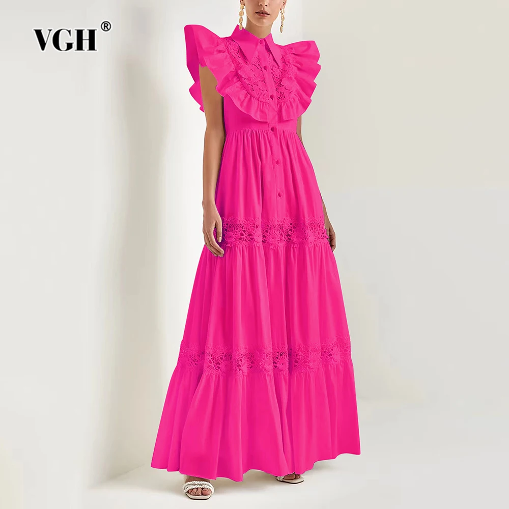 

VGH Solid Patchwork Lace Up Elegant Dresses For Women Lapel Flying Sleeve High Waist Hollow Out Slimmig Dress Female Fashion New