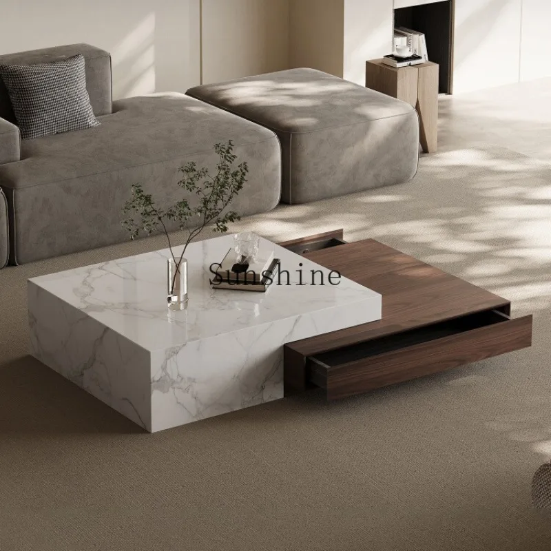 

Small apartment square Italian minimalist rock slab double pumping storage household coffee table combination