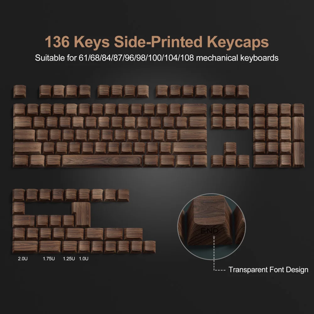 GEFENSI Translucent PBT Keycaps For Mechanical Keyboard, Walnut Grain Cherry, Side-engraved, DIY, 61, 87, 98, 108, 61