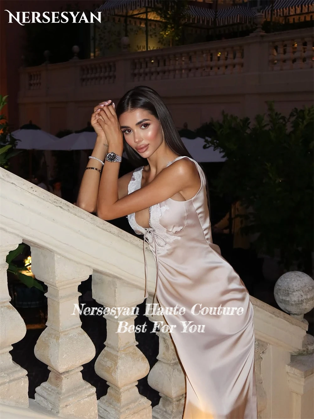 Nersesyan Blush rose dentelle sirène robes de soirée Applique Bow robe formelle brillant moulante robes de soirée pлатя жіно Kuy personnalisé