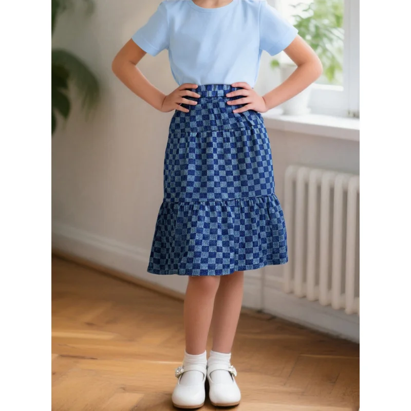 

2025 Girls' Blue Simulated Denim Plaid Skirt - Fashion All-Matching