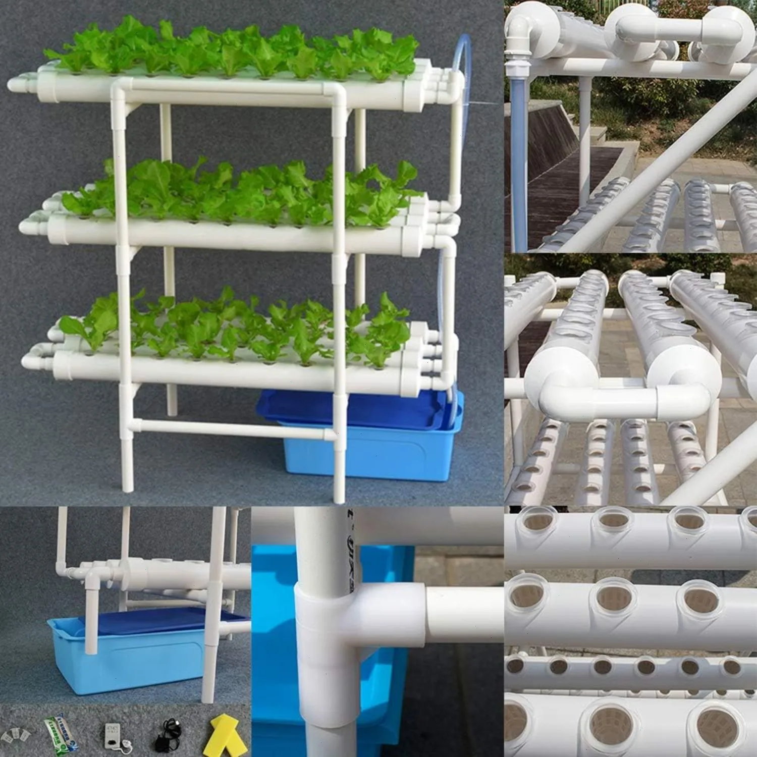 Système de culture hydroponique sans sol à 3 couches et 108 trous pour légumes, avec sites de culture, pour plantes hydroponiques sans sol, en tube, pour la maison, pour systèmes de culture sans sol en PVC