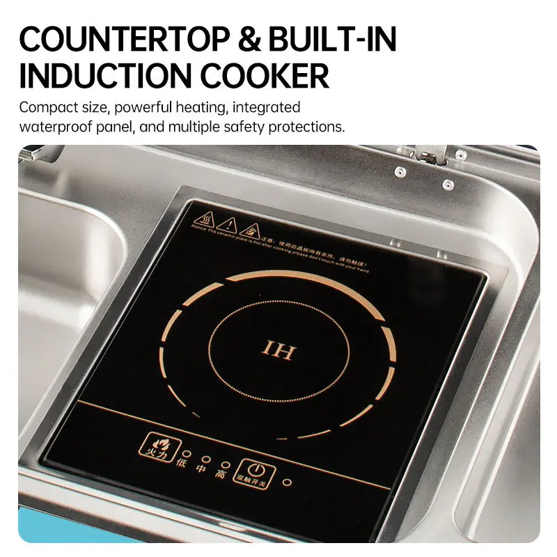 304 Stainless Steel RV Sink with Induction Cooker Tempered Glass  2-in-1 Camper Van Motorhome Kitchen Sink Unit RV Stove & Sink