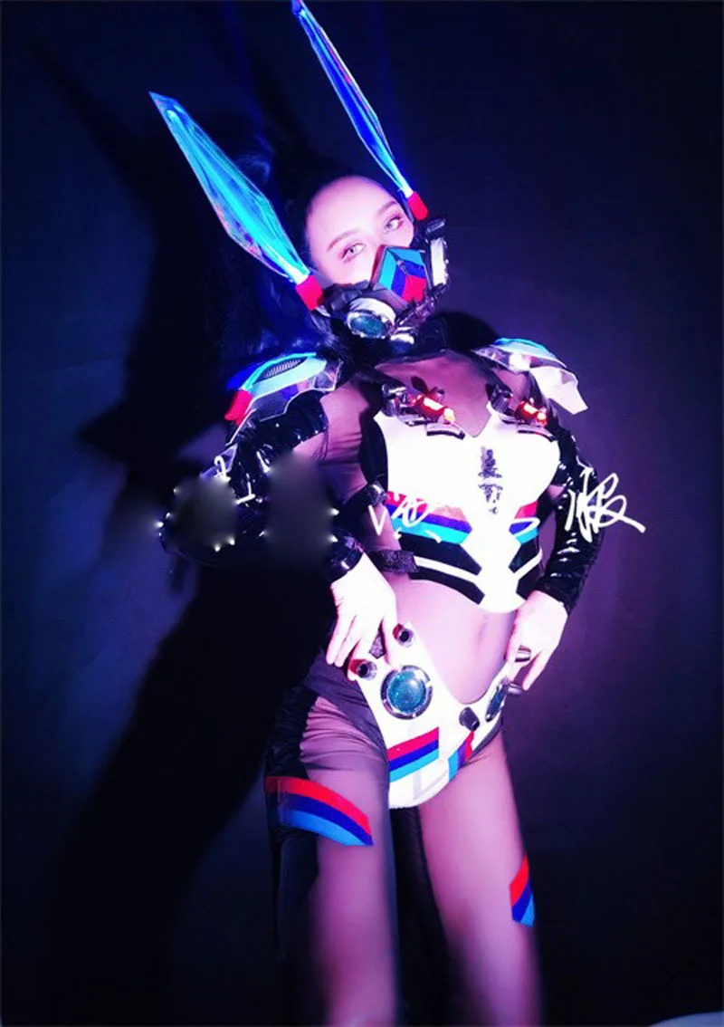 Nieuwe Future Party Show Doek Zwart tech lichtgevend konijntje meisje gogo toneelvoorstelling cyberpunk ds kostuumset