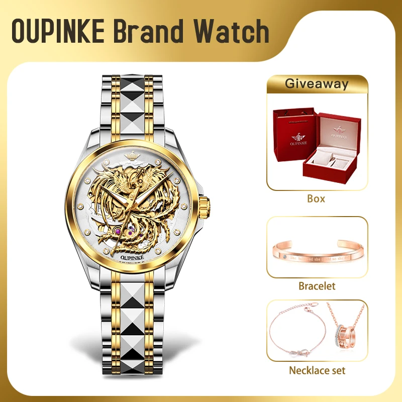 OUPINKE 3276 Women Watch Top Luxury Brand Automatic Mechanical Watch﻿ Dragon Dial Reloj Waterproof Gift Box Watches For Women