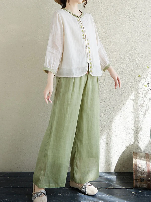 Faionable – ensemble en lin brodé rond Ne Seven Sve, pantalon à jambes larges, costume deux pièces pour femmes, tenue d'été de marque chinoise