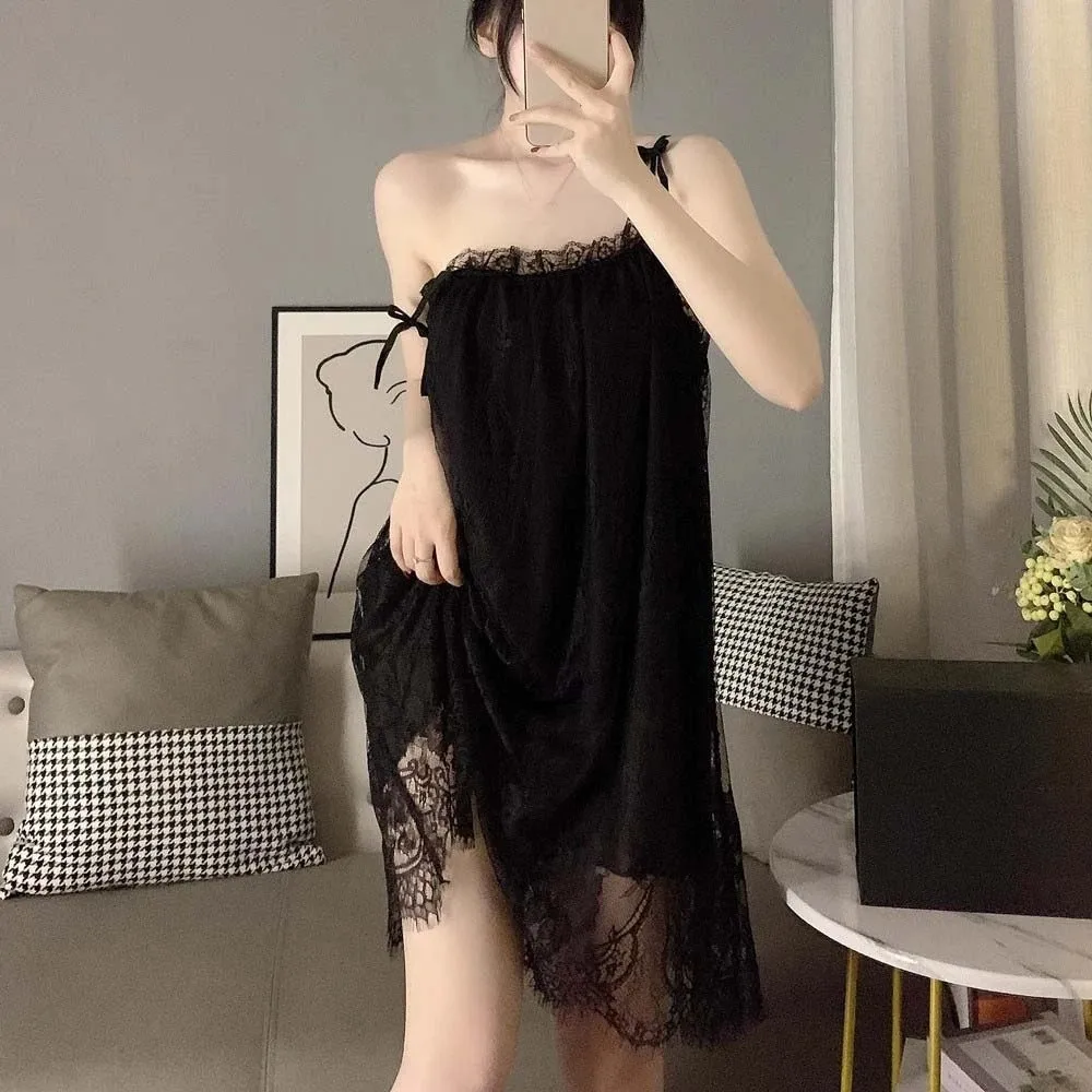 

Fashion Lace Flower Suspender Nightdress Loose Thin Female Sleepshirts Ruffled Edge Pajamas Women Nightgown Women