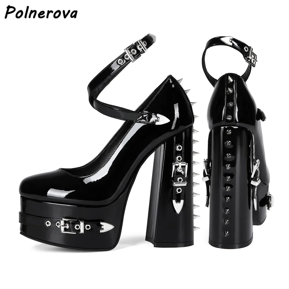 

Black Rivet Pumps Patent Leather Platform Chunky Heel Ankle Band Buckle Strap Shallow Round Toe Shoes Women Dark Punk Cool Shoes