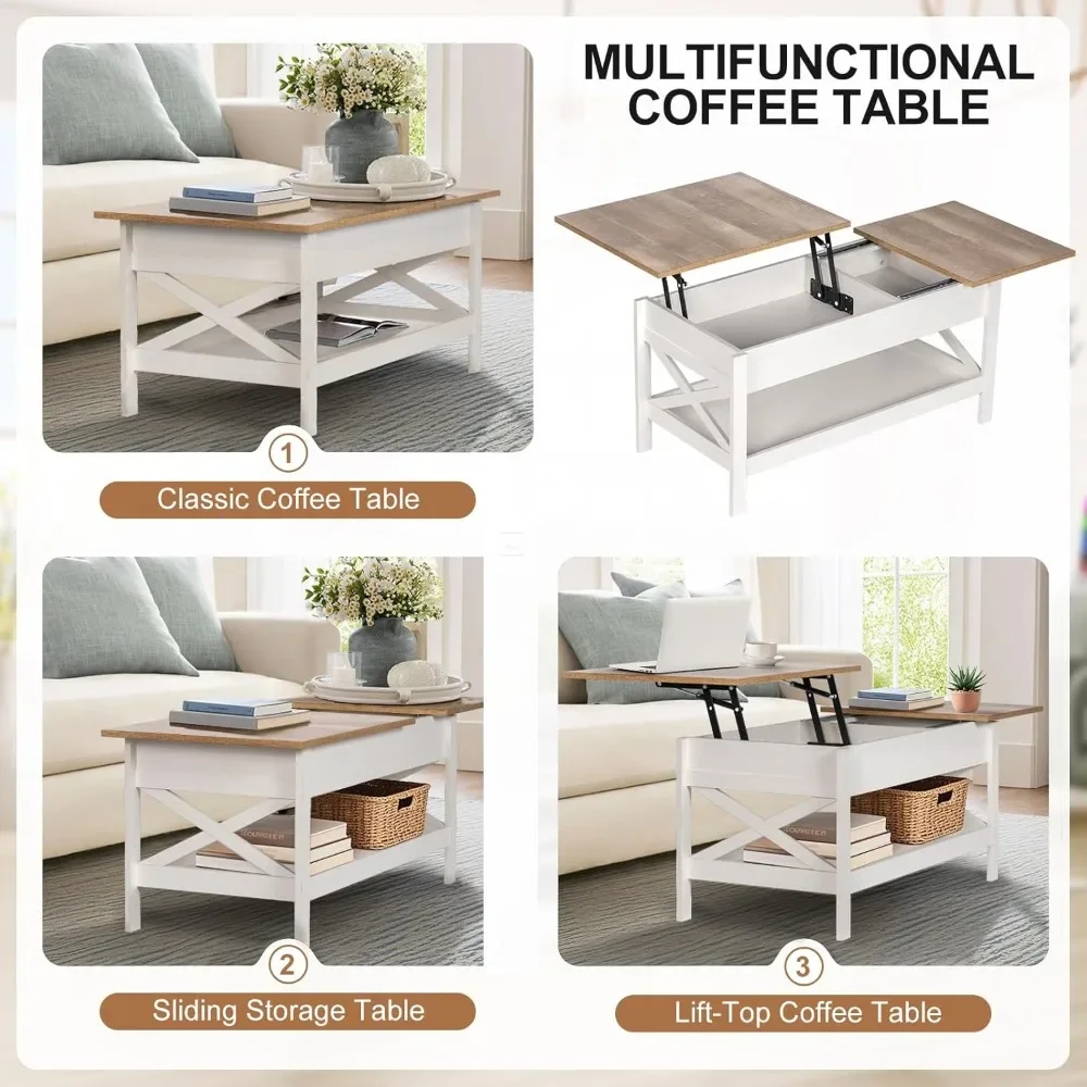 Lift Top Coffee Table with Storage, 39" Wooden Table for Lifting Top with Hidden Compartment, X Design Coffee Table for Living &
