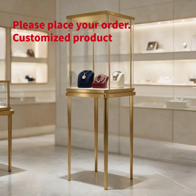 custom.Luxury Jewelry Display Tower Freestanding Pedestal Showcase Gold Metal Frame Glass Vitrine Velvet Interior LED Lighting B
