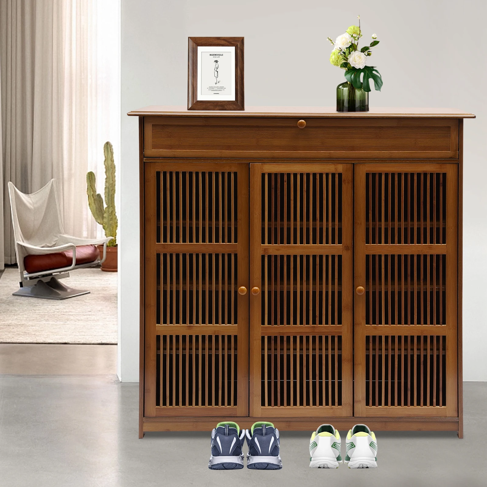 Bamboo 3 Tier Shoe Storage Cabinet with 1 Drawer & Shutter Door for 25 Pairs Entryway Hallway Living Room