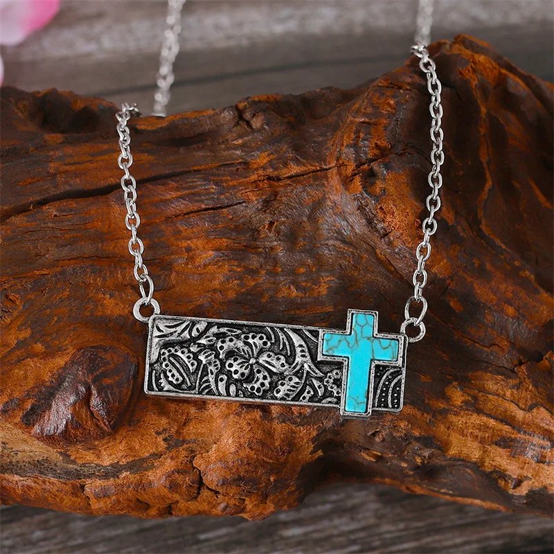 diy-accessories-cross-border-fashion-retro-square-turquoise-cross-necklace-new-bohemian-pendant-collarbone-chain-necklace