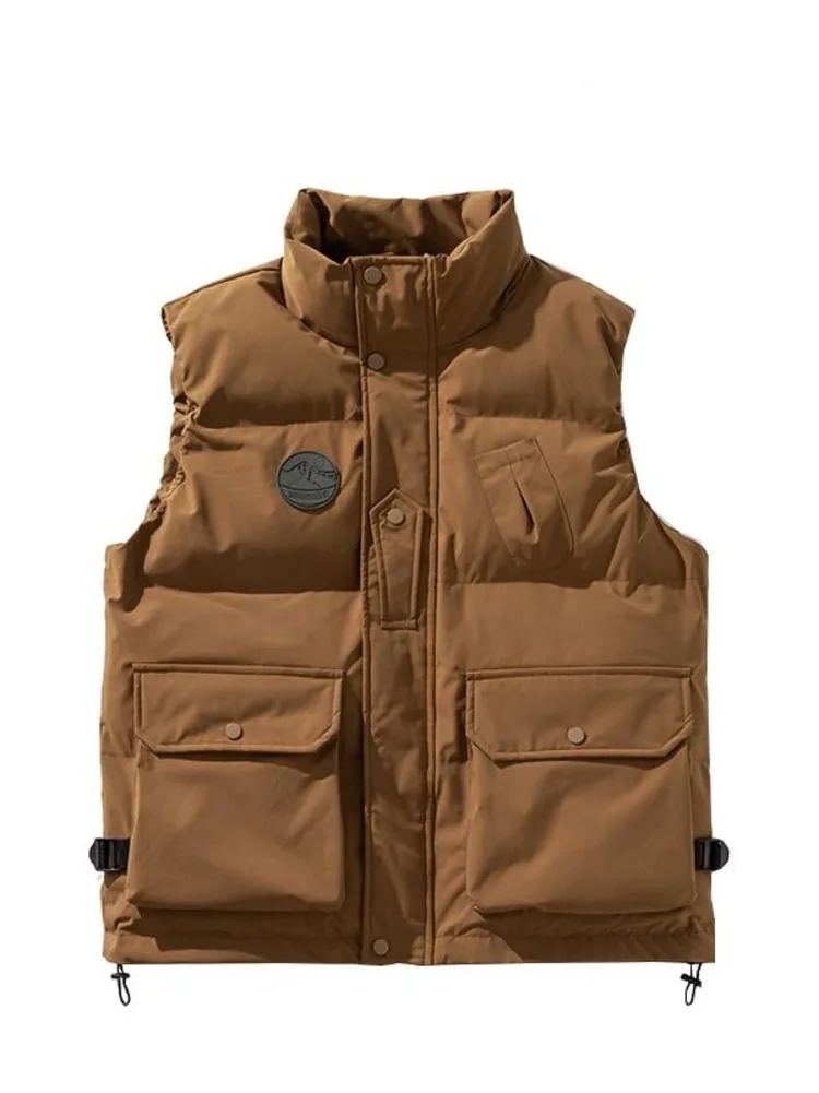 Large Pocket Cotton Male Coat Vest Men Jackets Autumn Winter Lightweight Padded Warm Stand Collar Padding Short Down Jackets