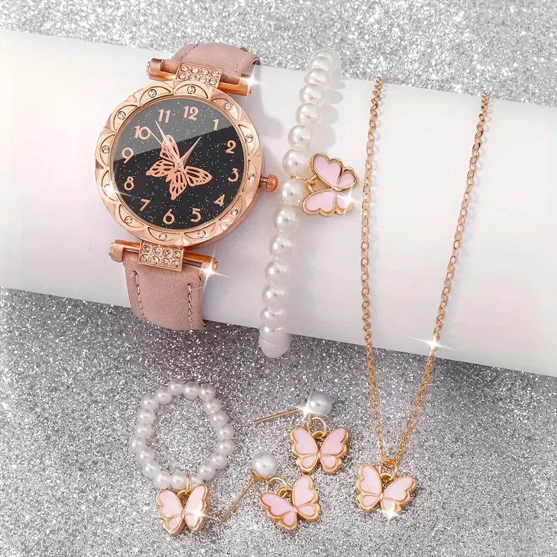 6PCS/Set Women\'s Elegant Butterfly Quartz Watch PU Leather Wrist Watch Arabic Numeral Surface & Pearl Jewelry Set