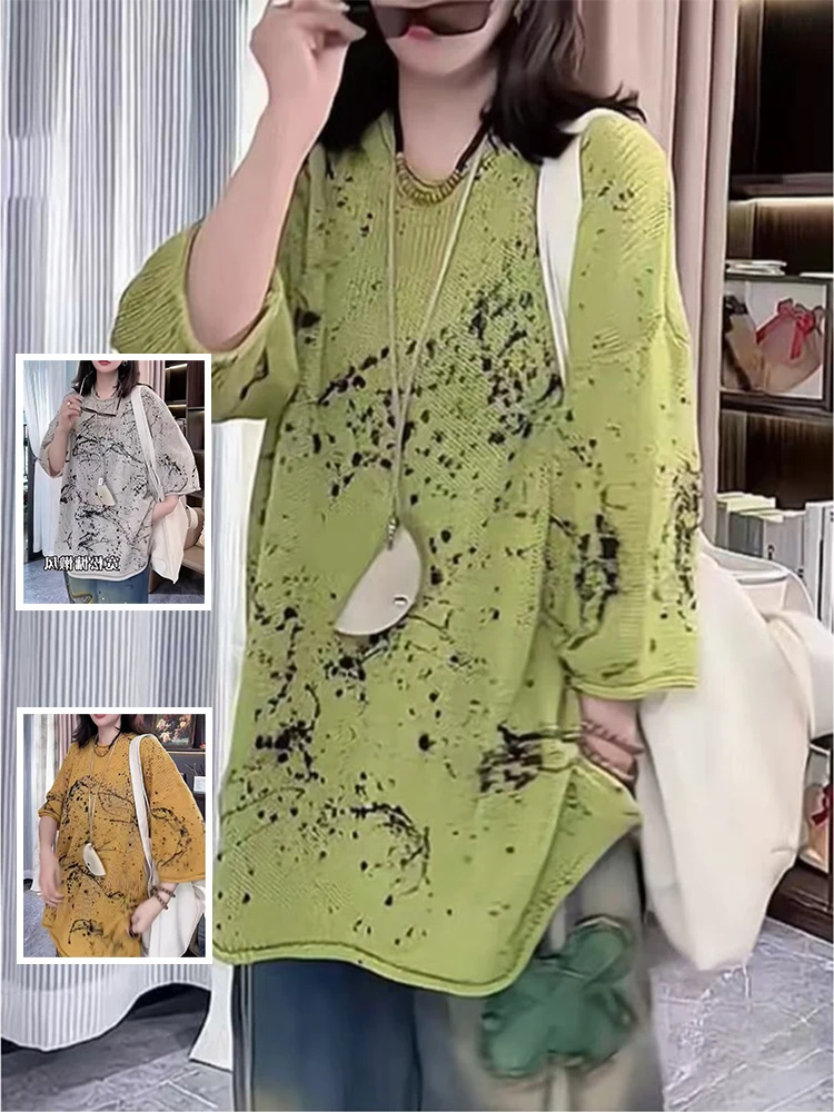 

Casual Loose Fit round Ne ort Sve Knitted Top Thin Medium Length Seven Sve Women's plus Size Printed Faion Top