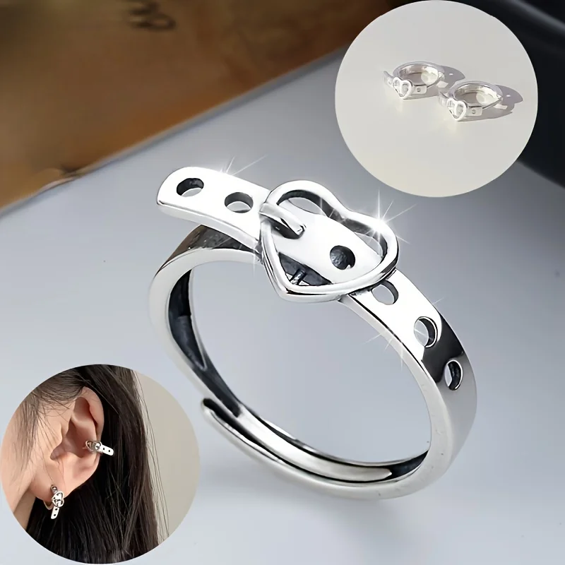 

5pcs Heart Belt Ring Earrings - Adjustable Unisex Retro Jewelry