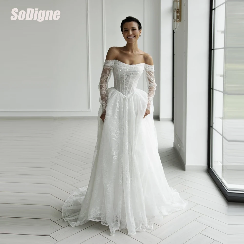  SoDigne A-line Lace Wedding Dresses Off Shoulder Long Sleeves Bridal Dress Boho Bride Gown Vestidos De Novia Customized
