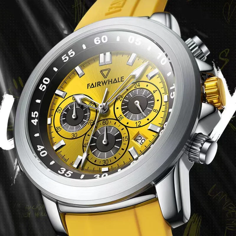 FAIRWHALE Watches for Men 5520 Fashion Yellow Quartz Watches Sport Waterproof Chronograph Calendar Mens Watch Relogios Masculino