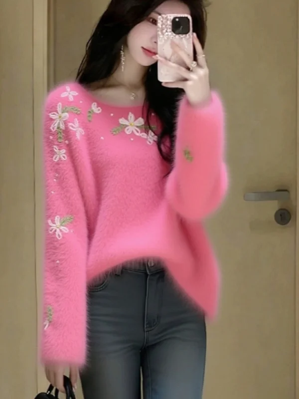 

Розовый вязаный свитер с цветочным принтом, женский осенне-зимний вязаный топ Ele Agel Plu, роскошный уникальный красивый модный женский свитер